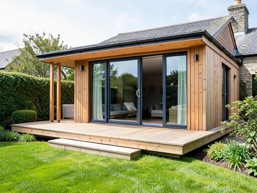 Daytime exterior of a timber-clad garden room with decking and large glass doors