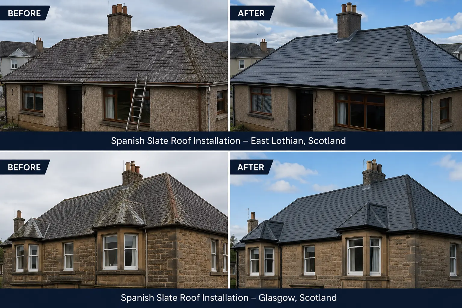 Before and after photographs of two Spanish slate roof installations in East Lothian and Glasgow, Scotland