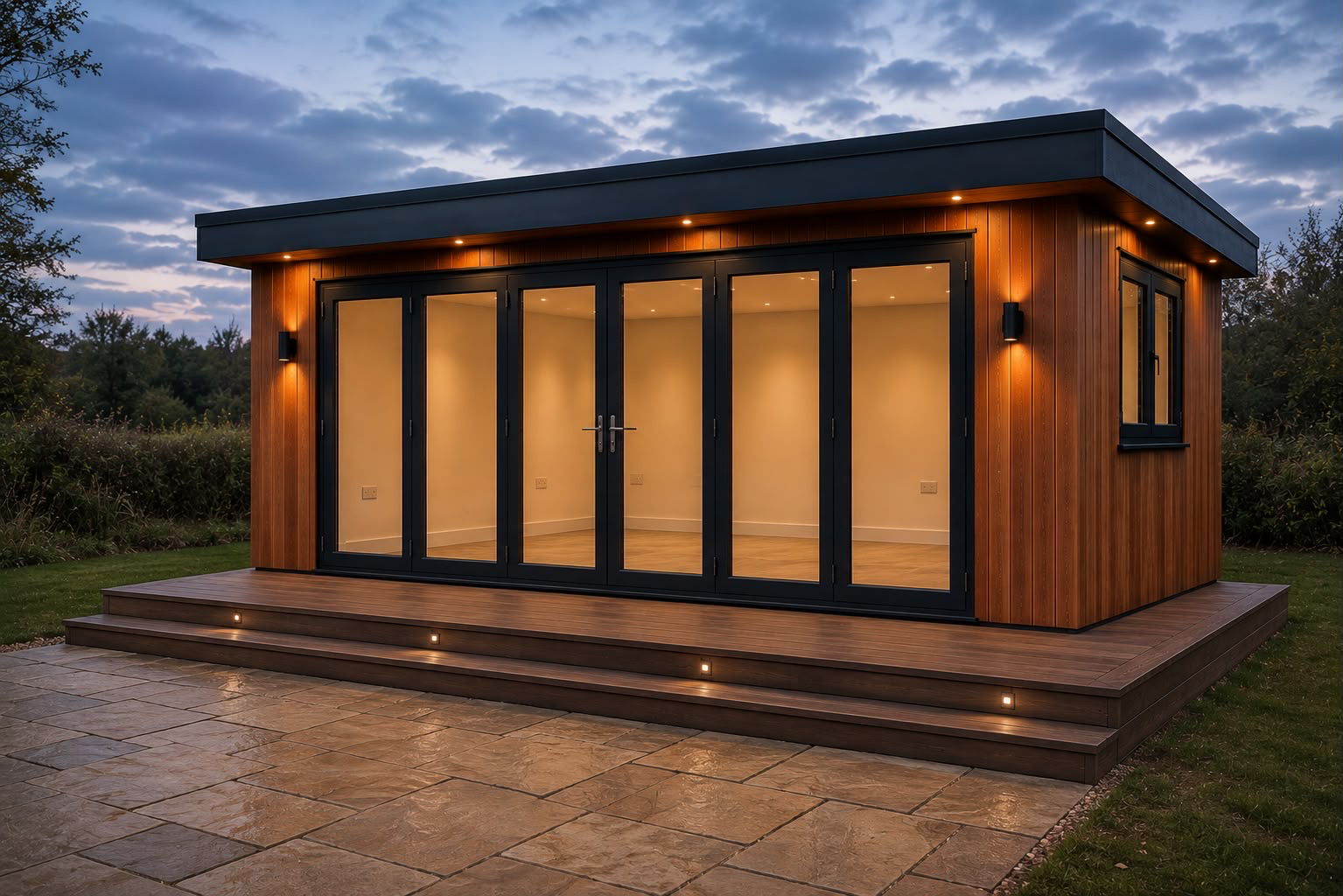 Modern timber-clad garden room at dusk with full-width bifold doors, integrated deck lighting and a paved patio