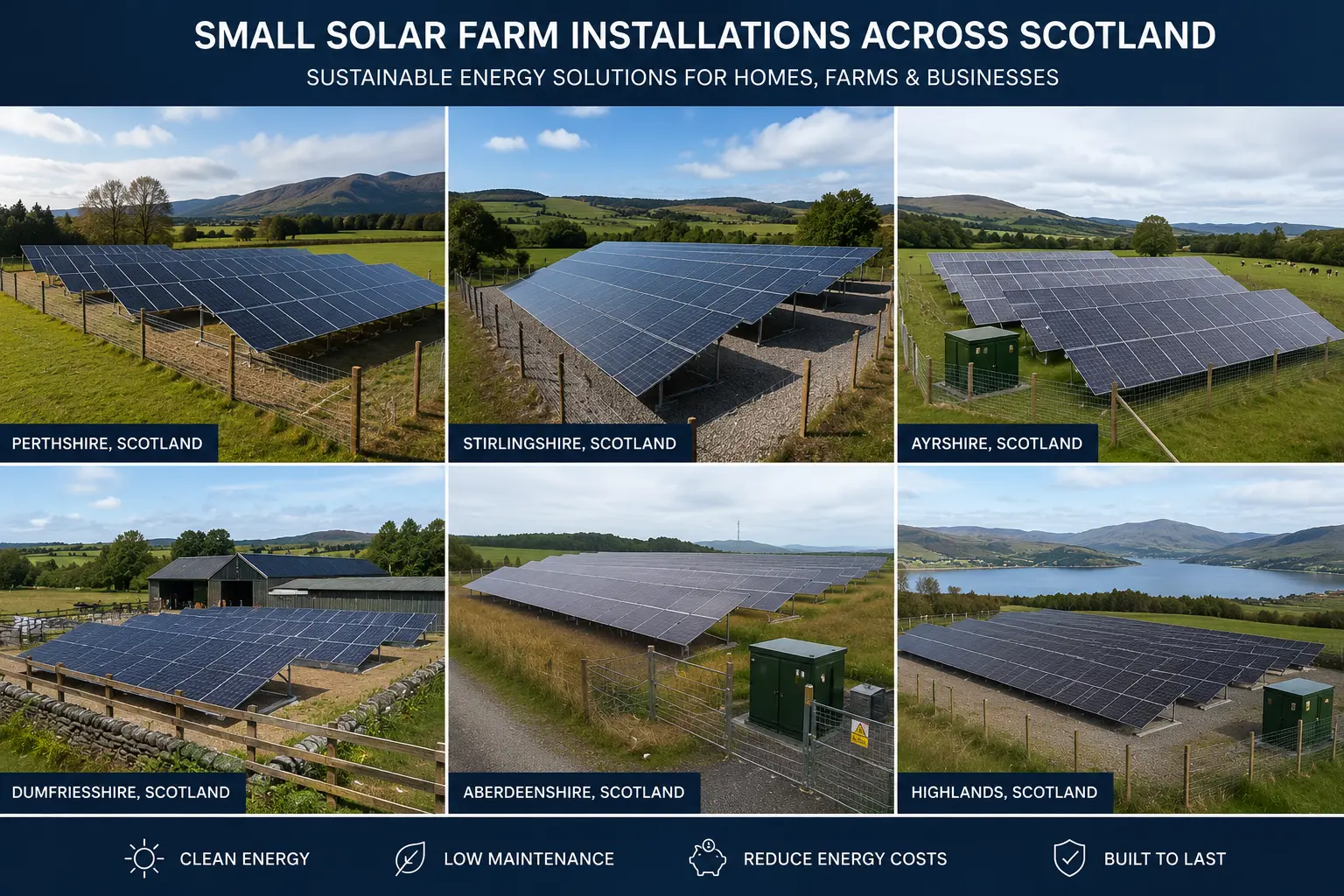 Grid of small solar farm installations across Perthshire, Stirlingshire, Ayrshire, Dumfriesshire, Aberdeenshire and the Highlands