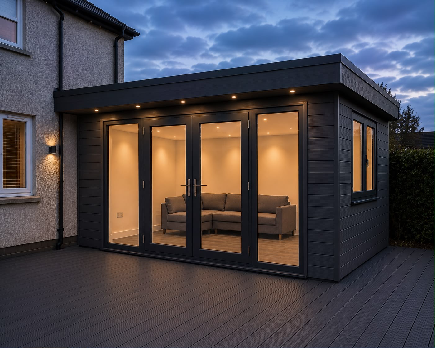 Dark-clad garden annexe attached to a house, with bifold doors opening to a sofa-lit lounge and composite decking
