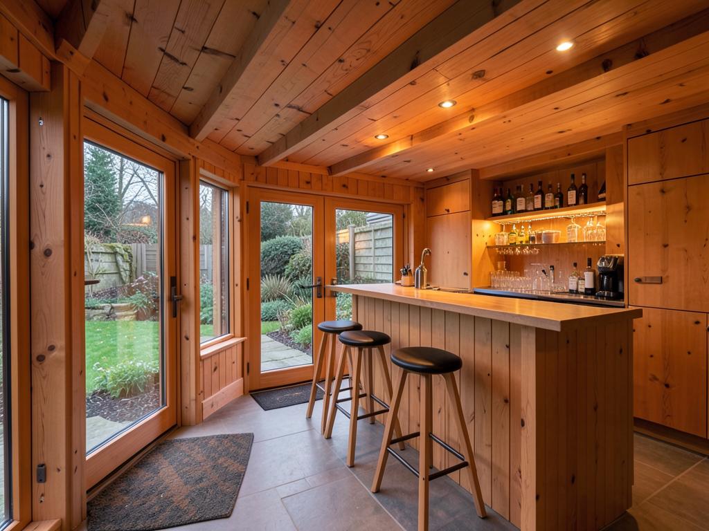 Interior of a timber garden room home bar with stools, lighting and glass doors