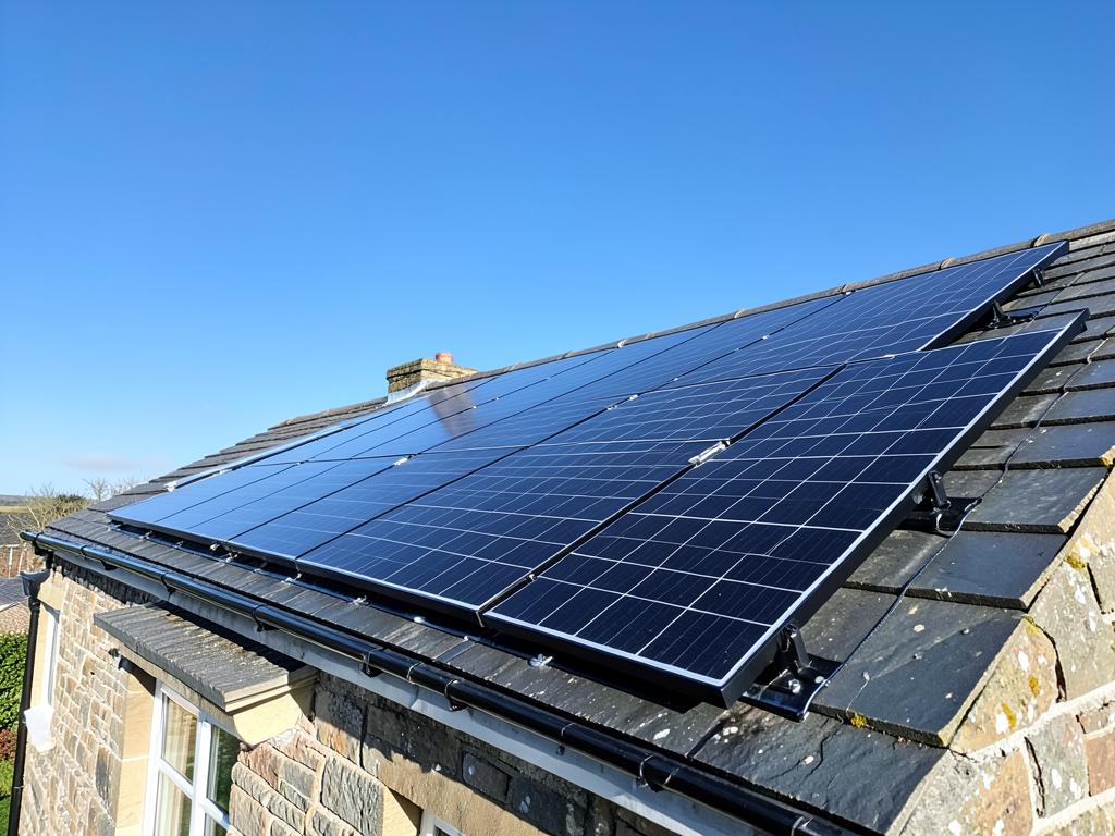 Roof-integrated solar panels on a Scottish home, neatly fitted above dark slate tiles
