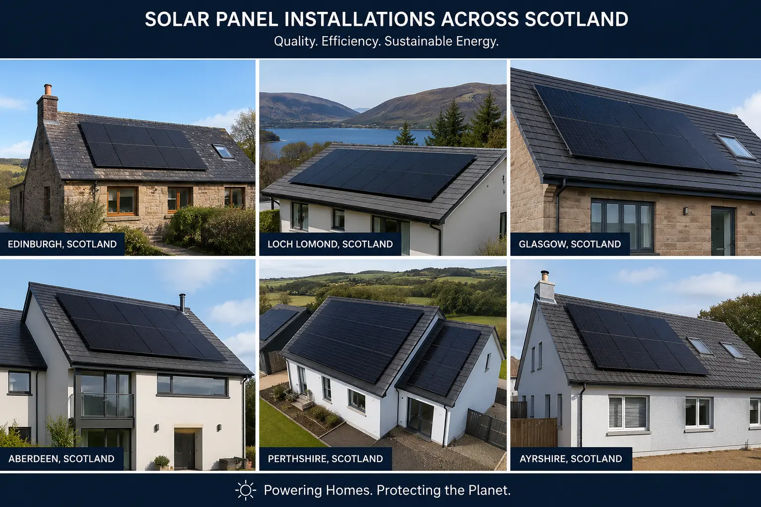 Collage of residential solar panel installations across Edinburgh, Loch Lomond, Glasgow, Aberdeen, Perthshire and Ayrshire