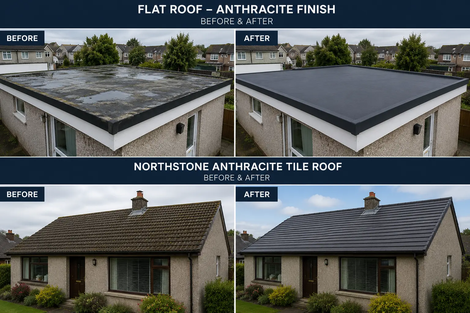 Before and after photographs showing a flat roof anthracite finish and a Northstone anthracite tile roof replacement