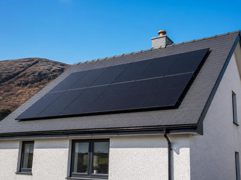 Black solar panels on a pitched roof of a Scottish home