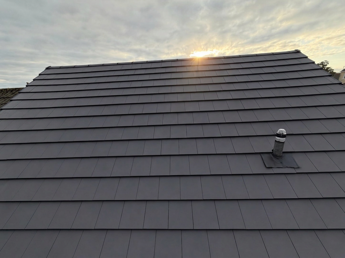 Completed dark grey tiled roof at sunset, with a vent pipe and clean ridge line visible against a cloudy sky